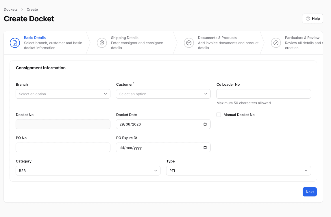 The docket screen courier teams use to book a consignment