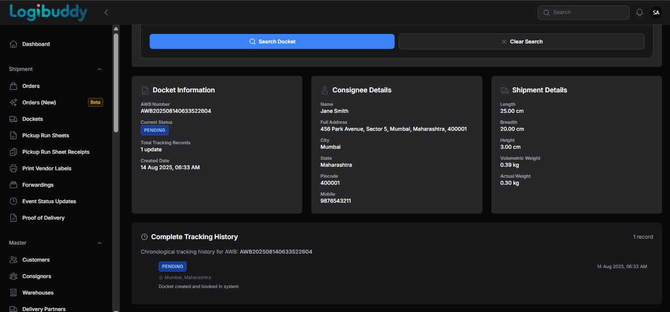 LogiBuddy Docket Tracking Interface - Detailed shipment tracking with AWB number, consignee details, and complete tracking history