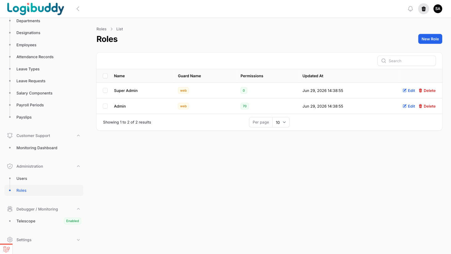 Shield roles screen defining role-based access permissions